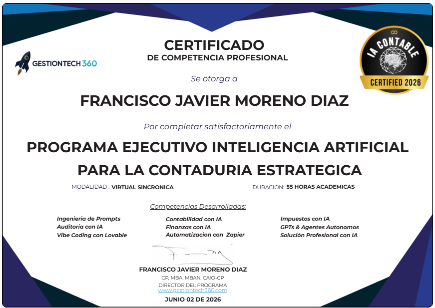 Certificado de Competencia Profesional — 55 horas académicas — Inteligencia Artificial para la Contaduría Estratégica