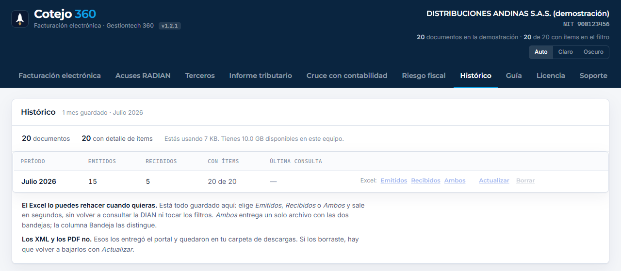 Histórico de Cotejo 360: meses guardados con documentos emitidos, recibidos y con ítems, y el Excel de cada mes