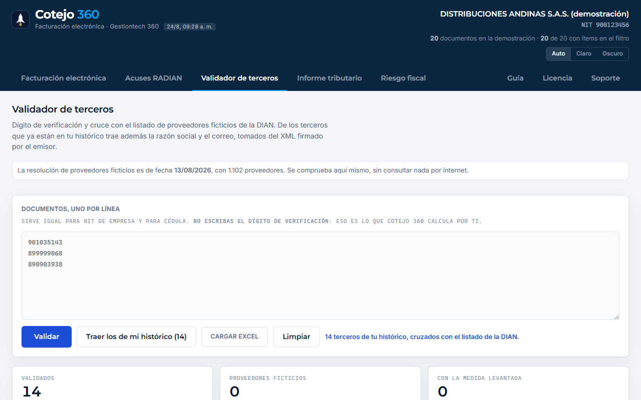 Validador de terceros de Cotejo 360 cruzando los NIT contra el listado de la DIAN