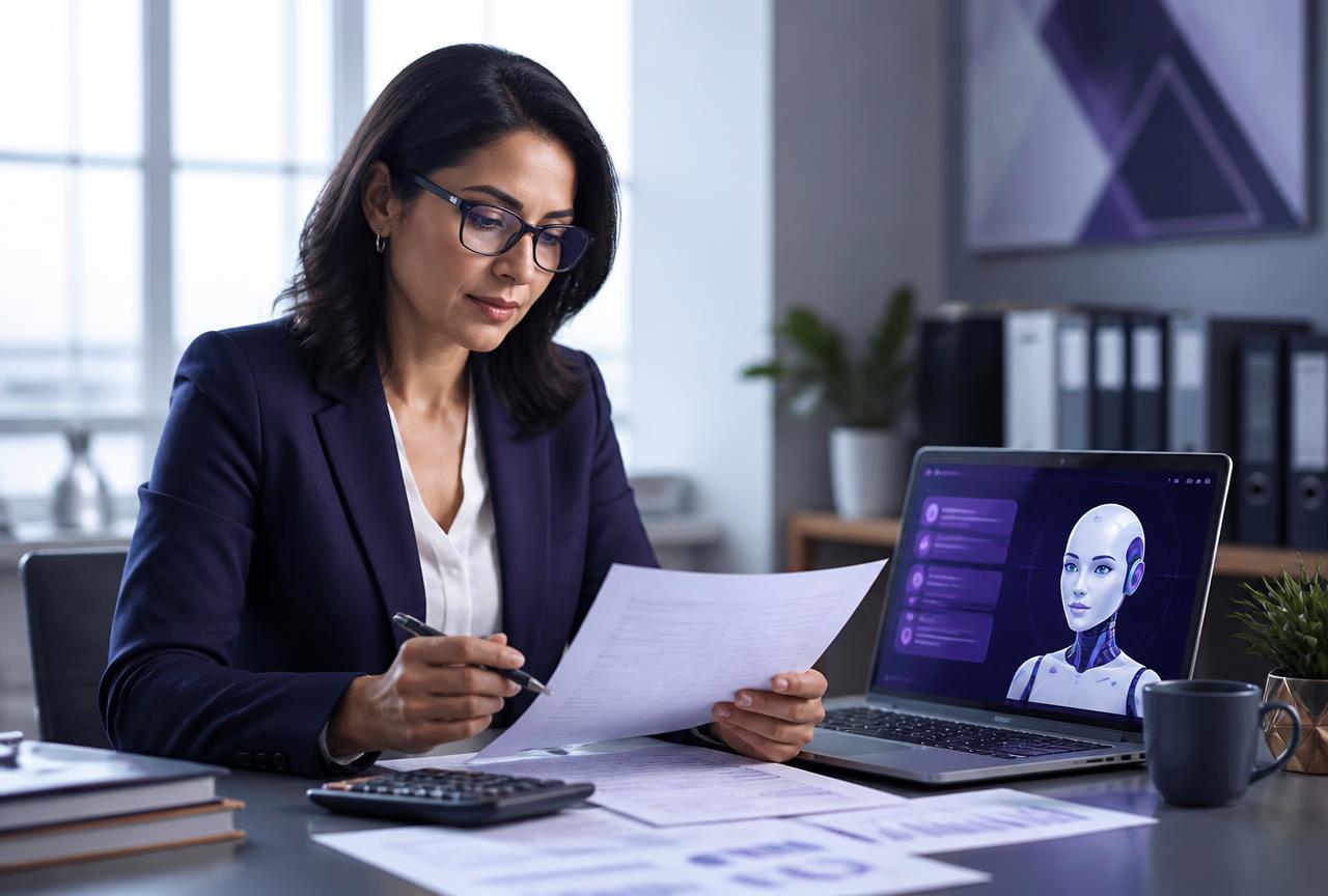 Contadora revisando documentos de declaración de renta con apoyo de inteligencia artificial