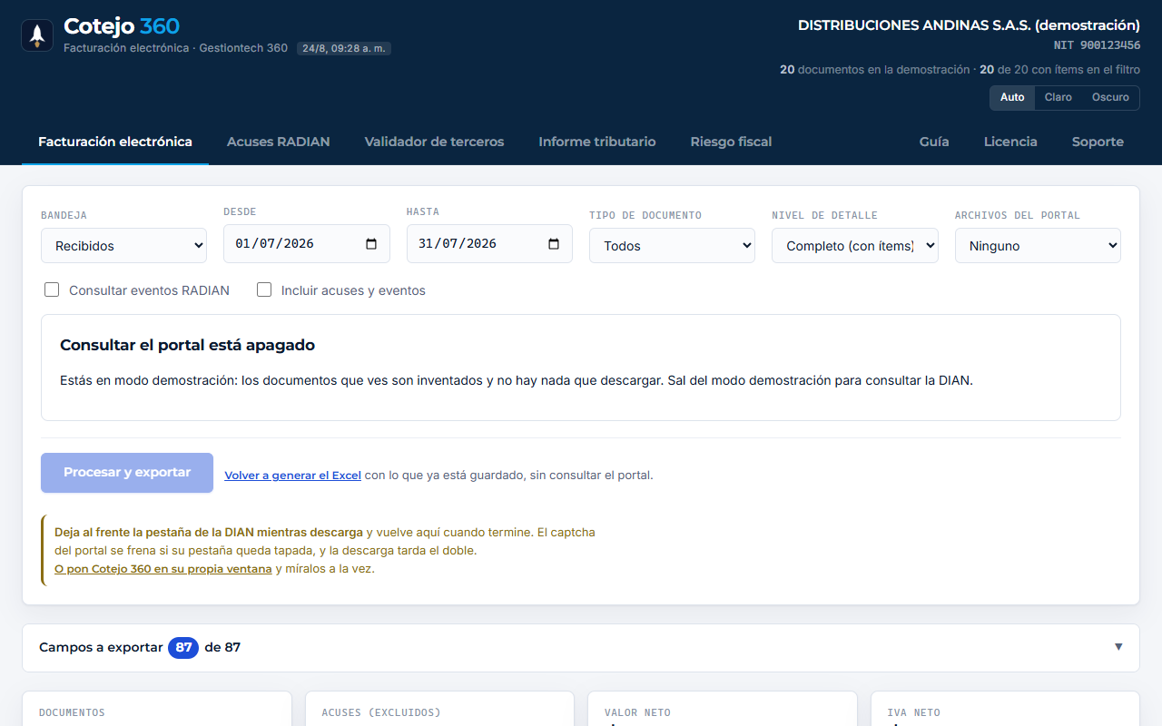 Cotejo 360 mostrando la descarga de facturación electrónica de la DIAN a Excel
