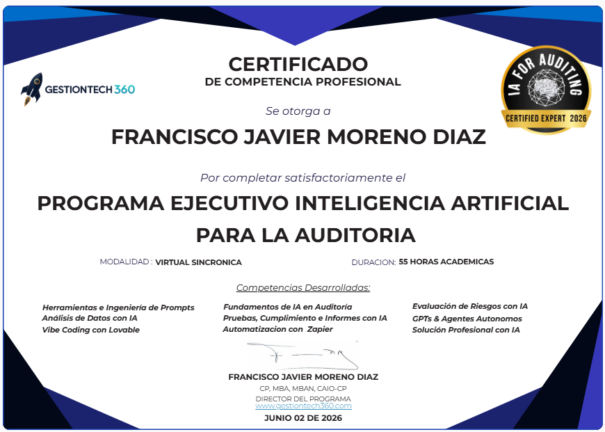 Certificado de Competencia Profesional — 55 horas académicas — Inteligencia Artificial para la Auditoría