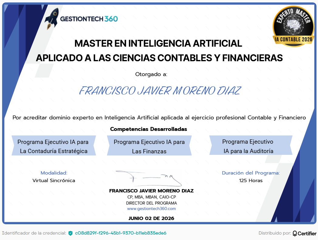 Diploma del Master en Inteligencia Artificial Aplicado a las Ciencias Contables y Financieras, 125 horas certificadas