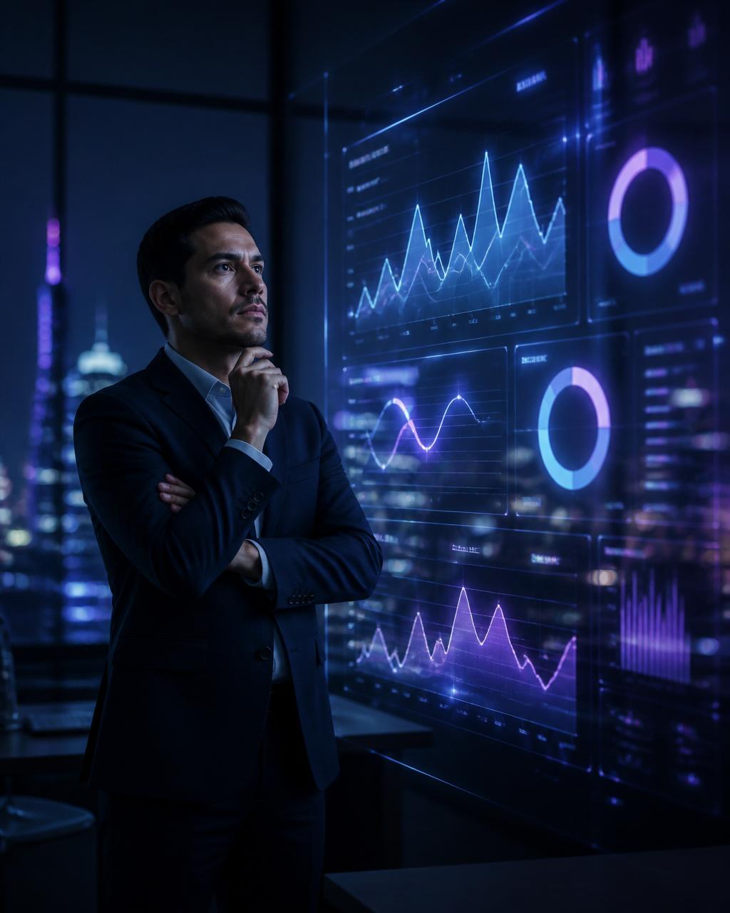 Profesional contable y financiero analizando tableros de datos con inteligencia artificial