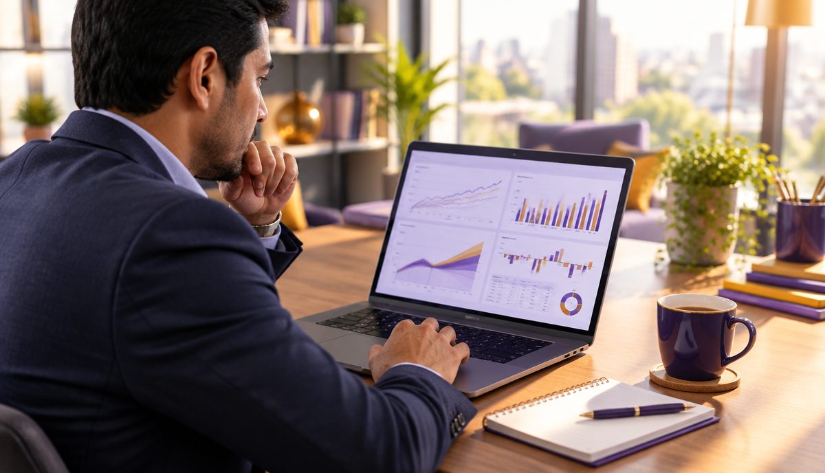 Profesional financiero revisando un presupuesto en tres escenarios con apoyo de inteligencia artificial